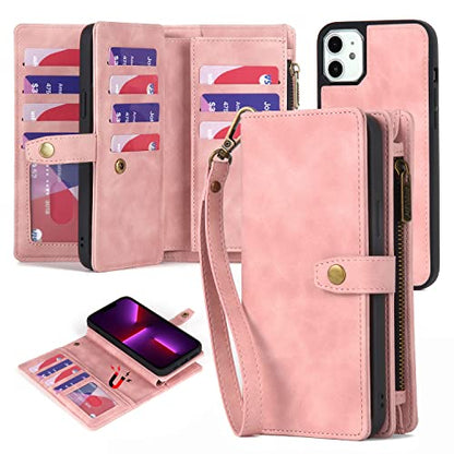 TwoHead for iPhone 11 Wallet case with 11 Card Holder (Pink) | Detachable Magnetic Phone Case, PU Leather Wallet for Women/Men,Wireless Charging Compatible,with Wrist Strap - color: Pink
