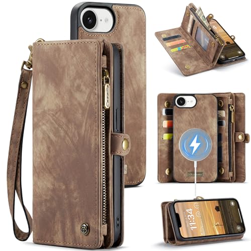 Compatible with iPhone 17E/16E Wallet Case with Magsafe,Brown | Magnetic Detachable Case,Card Holder,Zipper Pocket,Strap Wristlet, Soft Leather Drop-Proof Phone Case for iPhone 17E/16E - color: (Detachable and Magsafe)-Brown, size: iPhone 16E/17E 6.1 Inch