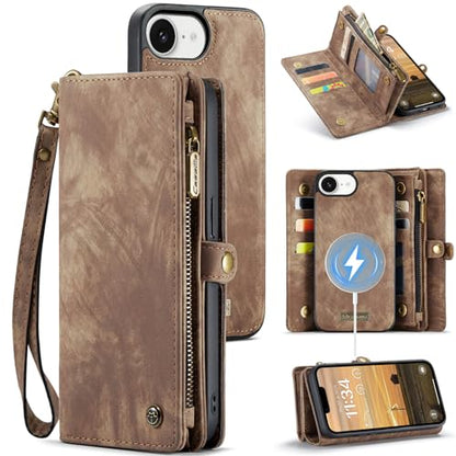 Compatible with iPhone 17E/16E Wallet Case with Magsafe,Brown | Magnetic Detachable Case,Card Holder,Zipper Pocket,Strap Wristlet, Soft Leather Drop-Proof Phone Case for iPhone 17E/16E - color: (Detachable and Magsafe)-Brown, size: iPhone 16E/17E 6.1 Inch
