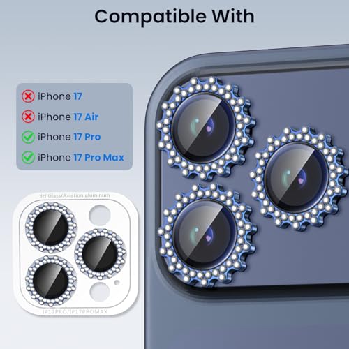 Compatible for iPhone 17 Pro/17 Pro Max Camera Lens Protector, Explosion-Proof 9H Tempered Glass with Diamond Gear Metal Ring, HD Anti-Scratch Lens Protection Decoration Accessories (Blue)