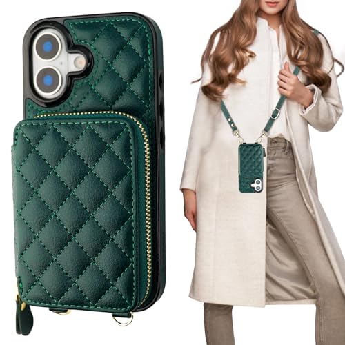 Bocasal Crossbody Wallet Case Card Holder for iPhone 17, Dark Green | RFID Blocking PU Leather Zipper Handbag Purse, Kickstand Flip Folio Case with Card Slots Holder Wrist Strap Lanyard 6.3 Inch - color: Dark Green