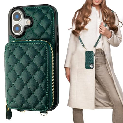 Bocasal Crossbody Wallet Case Card Holder for iPhone 17, Dark Green | RFID Blocking PU Leather Zipper Handbag Purse, Kickstand Flip Folio Case with Card Slots Holder Wrist Strap Lanyard 6.3 Inch - color: Dark Green