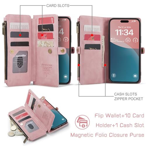 Defencase for iPhone 16 Pro Max Wallet Case with RFID Card Holder, Rosepink | Durable Soft PU Leather, with Zipper Pocket, Wrist Strap, Fashion Snap Flip Phone Cases Cover with Stand for Women and Men - color: Pink