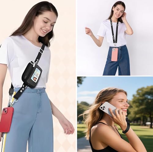 Phone Lanyard with Wallet, Adjustable Crossbody Phone Strap with Detachable RFID Wristlet, Phone Neck Lanyard & Wrist Strap, Hands Free Cell Phone Lanyard for Travel - color: Black