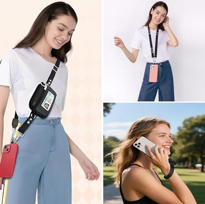 Phone Lanyard with Wallet, Adjustable Crossbody Phone Strap with Detachable RFID Wristlet, Phone Neck Lanyard & Wrist Strap, Hands Free Cell Phone Lanyard for Travel - color: Black