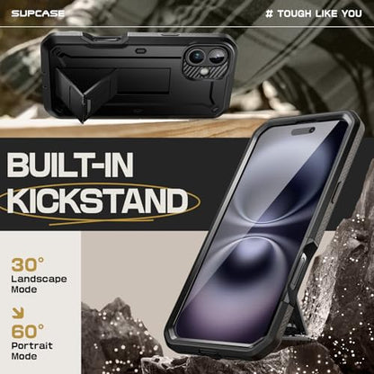 SUPCASE for iPhone 16 Case with Screen Protector & Kickstand, Black - color: Black