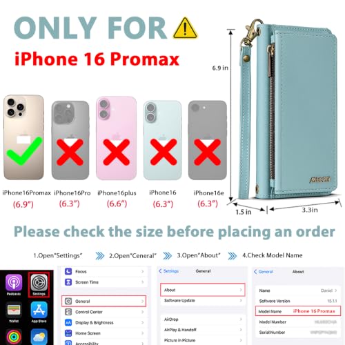 for iPhone 16 Pro Max Wallet Case, Detachable Magnetic Shockproof Phone Case,Faux Leather Crossbody Wallet,with RFID Blocking，Zipper Card Holder，Shoulder Strap (Blue) - color: Blue, size: iPhone 16 Pro Max