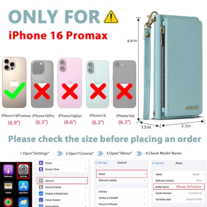 for iPhone 16 Pro Max Wallet Case, Detachable Magnetic Shockproof Phone Case,Faux Leather Crossbody Wallet,with RFID Blocking，Zipper Card Holder，Shoulder Strap (Blue) - color: Blue, size: iPhone 16 Pro Max