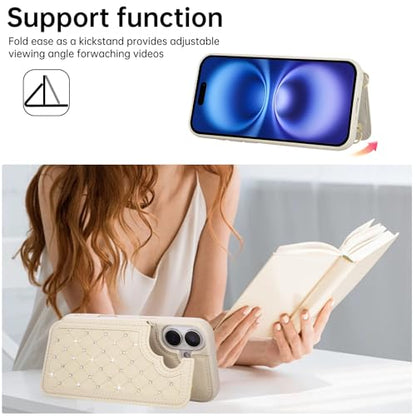 for iPhone 17 Wallet Case with Card Holder Slots and Strap, RFID Blocking Magnetic Flip Folio Cover, Crossbody Purse Protection Case with Kickstand,Beige Diamond - color: Beige Diamond, size: iPhone 17(6.3")