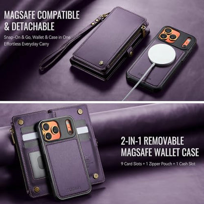 Defencase for iPhone 17 Pro Max Case Wallet Compatible with Magsafe, Purple | Drop-Proof Magnetic Detachable Phone Cases Cover, with RFID Bolcking Card Holder, Zipper Strap, PU Leather, Removable Wallet - color: (Detachable with Magsafe)-Purple