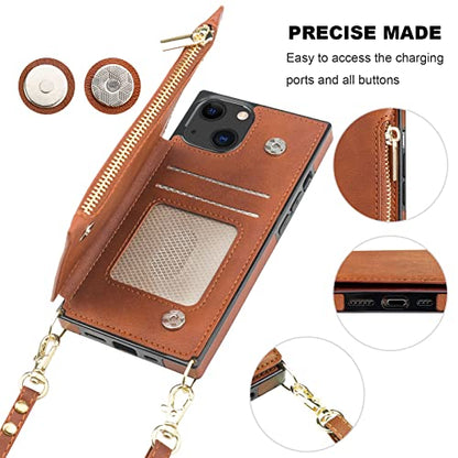 Bocasal Crossbody Wallet Case with Strap for iPhone 13/14, Brown | RFID Blocking Card Slot Holder, Magnetic Flip Folio Purse Case, PU Leather Zipper Handbag Detachable Lanyard Strap 6.1 Inch - color: Brown