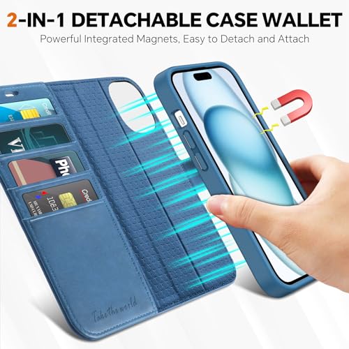 TUCCH 2-in-1 Removable Wallet Case for iPhone 15 (6.1") 2023, Light Blue | RFID Blocking, 4 Card Holders, Kickstand, Wireless Charging, Shockproof TPU, PU Leather, Magnetic, Flip Cover - color: Lake Blue (2-in-1 Detachable)