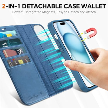 TUCCH 2-in-1 Removable Wallet Case for iPhone 15 (6.1") 2023, Light Blue | RFID Blocking, 4 Card Holders, Kickstand, Wireless Charging, Shockproof TPU, PU Leather, Magnetic, Flip Cover - color: Lake Blue (2-in-1 Detachable)