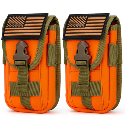 2 Pack Tactical Phone Holster Pouch, Smartphone Pouch Case Molle Attachment Belt Holder for 4.7"-6.9" Phone with US Flag Patch for iPhone 18 Pro Max/17/16/15/14 Pro Max - color: Orange