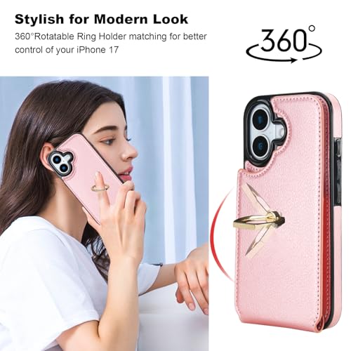 Folosu for iPhone 17 Case Wallet with Card Holder,Finger Ring Cover Rosegold - color: Rose Gold