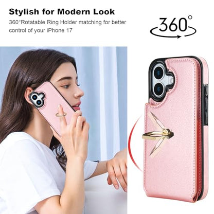 Folosu for iPhone 17 Case Wallet with Card Holder,Finger Ring Cover Rosegold - color: Rose Gold