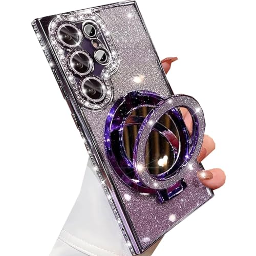 Changjia for Samsung Galaxy S25 Ultra Magnetic Kickstand Glitter Case,[Compatible with Magsafe] Bling Sparkly Rhinestone with Camera Protector Makeup Mirror Women Girl Case for Galaxy S25 Ultra,Purple - color: Purple