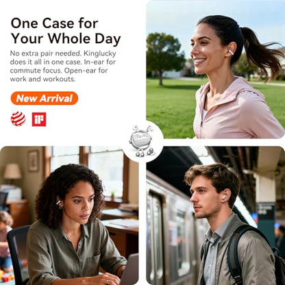 Kinglucky 2-in-1 Wireless Earbuds, in-Ear & Open Ear Clip-On Earbuds Comfortable fit, Bluetooth Headphones 5.4 with Noise Cancelling Mic, Power Swap Charging, Up to 50H, White