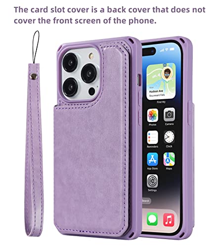 iCoverCase Compatible with iPhone 14 Pro Wallet Phone Case with Card Holder for Women, RFID Blocking Embossed PU Leather Wrist Strap Case 6.1 Inch (Macaron Purple) - color: P-Purple