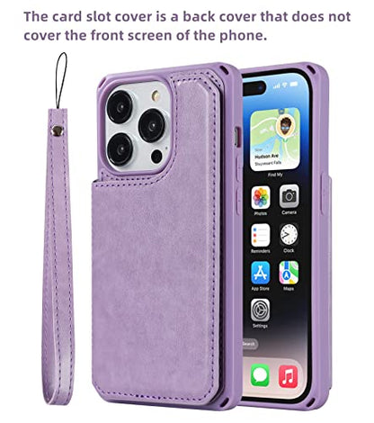iCoverCase Compatible with iPhone 14 Pro Max Wallet Phone Case with Card Holder for Women, RFID Blocking Embossed PU Leather Wrist Strap Case 6.7 Inch (Macaron Purple) - color: P-Purple