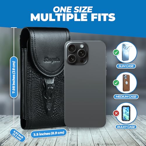 Genuine Leather Phone Belt Case with Belt Clip Belt Loop, Cell Phone Holster Fits 6.5" Large Smartphones, Sturdy Utility Phone Pouch Belt Holder for Daily Use, Travel, Hiking, Working (Black) - color: Black
