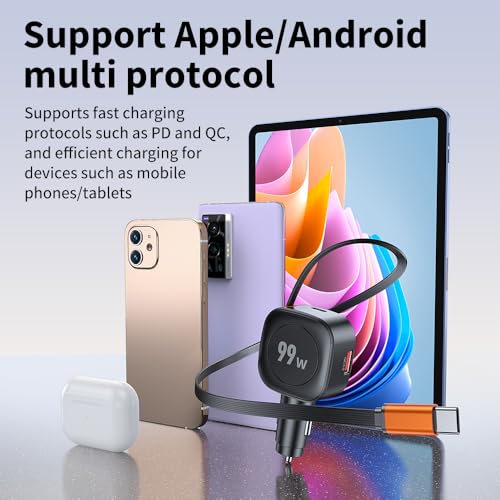 FMIIFMS Retractable Car Charger, 99W USB C Car Charger Adapter, 3-in-1 Multi Port Fast Charging Car Accessories Compatible with iPhone 17/16/15 Series