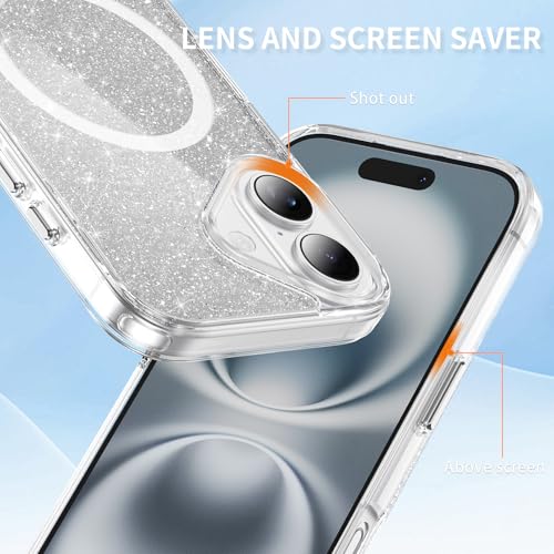 LEMAXELERS Clear Sparkly Magnetic Case for iPhone 16 -Clear SF | Glitter Anti-Yellowing Slim TPU Bumper Compatible with Magsafe Shockproof Protective Transparent Cover - color: Clear, size: iPhone 16