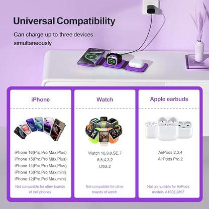 3 in 1 Charging Station for Multple Devices,Foldable 3 in 1 Wireless Charger for Travel,Nano Wireless Charging Station for iPhone16 15 14 13 12 Pro Max/Watch 10 9 8 7 6 5 4 3 Ultra/AirPod Pro - color: Purple