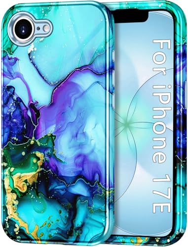 Btscase Compatible with iPhone 17e Case 6.1 Inch 2026,Marble Pattern 3 in 1 Heavy Duty Shockproof Full Body Rugged Hard PC+Soft Silicone Drop Protective Women Girl Phone Cases, Cyan - color: Cyan, size: iPhone 17e