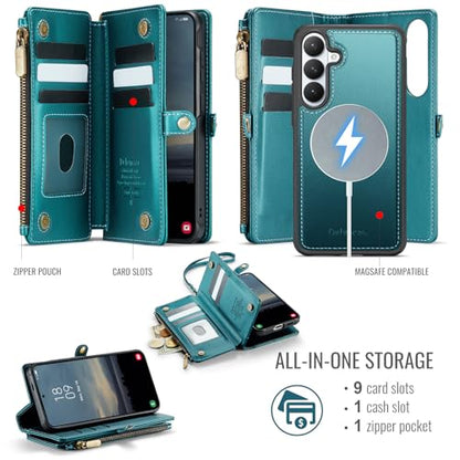 Defencase for Galaxy S26 Case Wallet Compatible with Magsafe, Blue Green | Magnetic Detachable, with RFID Bolcking Card Holder, Zipper Strap, PU Leather Drop-Proof Phone Cover for Samsung Galaxy S26 - color: (Detachable with Magsafe)-Blue Green