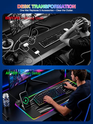 RGB Mouse Pad with Foldable Phone Stand Wireless Charger, 31.5"x11.8" XL Gaming Mousepad Large Desk Mat, Desk Pad with 11 Colors 5 Modes, Waterproof - color: Black Touch Control Stand XL Line