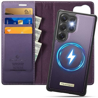 for Samsung Galaxy S25 Ultra 2in1 Detachable Wallet Case, Purple | Compatible with Magsafe, Magnetic, RFID Blocking Card Holder, Shockproof, Kickstand, Wireless Charging, PU Leather Flip Cover - color: Fashion Purple, size: Galaxy S25 Ultra - 6.9"