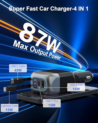 87W Retractable Car Charger, Cigarette Lighter USB Charger for iPhone 17
