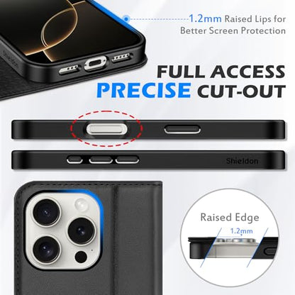 SHIELDON Genuine Leather Wallet Case for iPhone 16 Pro 6.3" 2024, Black | Flip Magnetic Cover, Kickstand, RFID Blocking, 3 Credit Card Holder, Book Design, Shockproof, Soft Inner Phone Case - color: Black