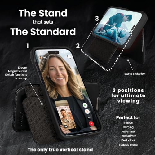 Dreem Real Leather Magnetic Detachable Wallet Case for iPhone 17 Pro | Revolutionary Vert/Hor Phone Stand, RFID Blocking Card Holder Flip Cover, MagSafe-Fit, Gift Box [Fibonacci: Black]