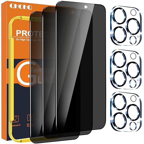 QHOHQ 3 Pack Privacy Screen Protector for iPhone 15 Pro [6.1 Inch] with 3 Pack Camera Lens Protector, Anti Spy Tempered Glass Film, 9H Hardness, HD, Bubble Free, Case Friendly - Black - size: iPhone 15 Pro 6.1 Inch