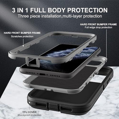 YKHJKLEC for iPhone 11 Pro Max Case, Military Grade 3 in 1 Heavy Duty Shockproof/Drop Proof/Dust Proof Case with 2Pcs Tempered Glass Screen Protector (Black/Grey) - color: Black/Grey