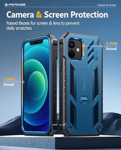FNTCASE for iPhone 12 Case with Built-in Screen Protector and Kickstand | 20FT Military-Grade Drop Protection, Anti-Slip Matte Textured, Rugged Heavy Duty Shockproof TPU Protective Phone Cover - color: Blue