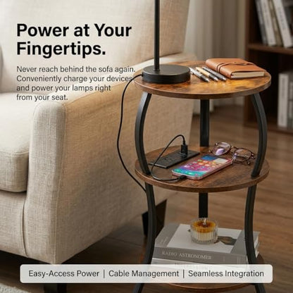 YEAKOO Small Side Table with Charging Station,3-Tier Round end Table - color: Rustic Brown, style: USB Charger