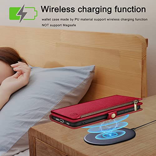 XcaseBar Compatible with iPhone 16 Plus 6.7" Wallet case with Zipper Credit Card Holder【RFID Blocking】,Flip Folio Book PU Leather Phone case Shockproof Cover Women Men for Apple 16 Plus case Red - color: Red