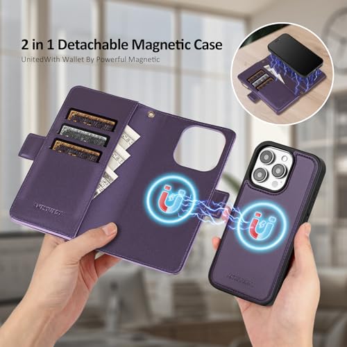 Antsturdy Compatible with MagSafe iPhone 14 Pro Wallet Case,Purple | Detachable Magnetic Credit Card Holder,RFID Blocking,PU Leather Zipper Purse,Wrist Strap Kickstand,Flip Phone Cover for Women - color: (Detachable with Magsafe)-Purple