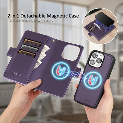 Antsturdy Compatible with MagSafe iPhone 14 Pro Wallet Case,Purple | Detachable Magnetic Credit Card Holder,RFID Blocking,PU Leather Zipper Purse,Wrist Strap Kickstand,Flip Phone Cover for Women - color: (Detachable with Magsafe)-Purple