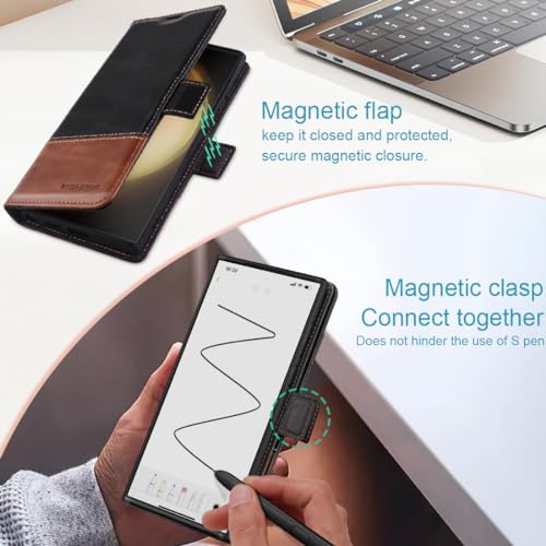 KEZiHOME Genuine Leather Wallet Case for Samsung Galaxy S24 Ultra | Black/Brown, RFID Blocking Card Slot, Kickstand, Magnetic Protective Phone Folio Cover, Compatible with Galaxy S24 Ultra - color: Black/Brown