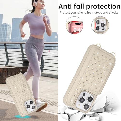 Crossbody Wallet Case for iPhone 12 Pro Max(6.7") with Detachable Strap - PU Leather Flip Folio with Card Slots & RFID Blocking, Sparkling Diamond Accents-Beige - color: Beige, size: iPhone 12 Pro Max(6.7")