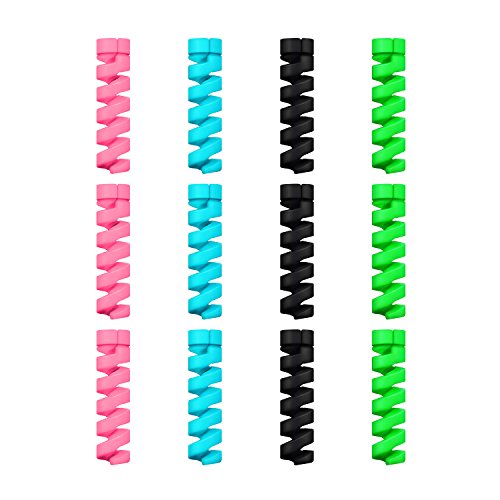 Jetec 12 Pieces Highly Flexible Silicone Micro USB Protector, Mouse Cable Protector, Suit for All Cell Phones, Computers and Chargers (Black, Pink, Blue, Green) - color: Black, Pink, Blue, Green