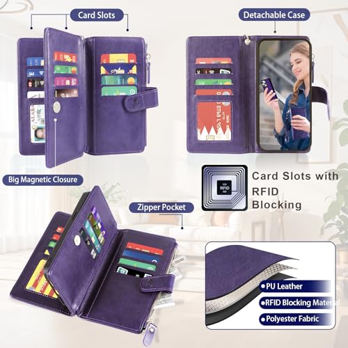 for iPhone 16e/17e Case Wallet,Compatible with MagSafe Magnetic 2 in 1 Magnetic Detachable PU Leather RFID Blocking Wallet Cover Card Holder Zipper Wrist Strap Lanyard,Floral Purple - color: Purple