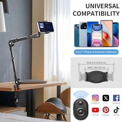 Phone Holder for Desk Bed, Overhead Mount with Wireless Remote, Flexible Phone Stand Lazy Bracket Mount Long Arm Clamp for iPhone, Samsung, Google Pixel, Moto