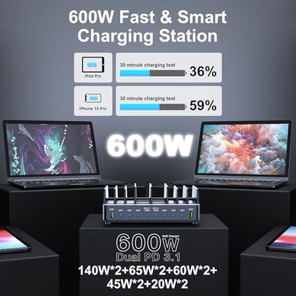 600W USB C Charging Station with Charging Stand (Black)