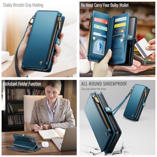 Defencase for Samsung Galaxy S25 Ultra Wallet Case with Card Holder, D-Blue | with RFID Blocking Zipper Pocket, Durable PU Leather, Wrist Strap, S25 Ultra Flip Phone Cases Cover with Stand for Women Men - color: Dark Blue