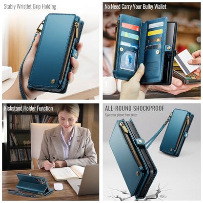 Defencase for Samsung Galaxy S25 Ultra Wallet Case with Card Holder, D-Blue | with RFID Blocking Zipper Pocket, Durable PU Leather, Wrist Strap, S25 Ultra Flip Phone Cases Cover with Stand for Women Men - color: Dark Blue